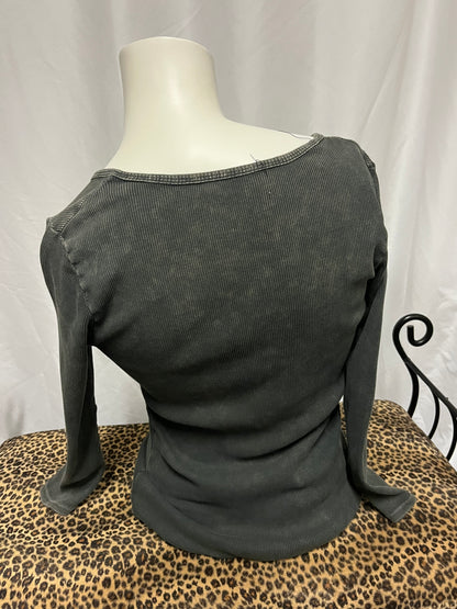 M - Y2K Rhinestone Graphic 1/4 Button Ribbed Top