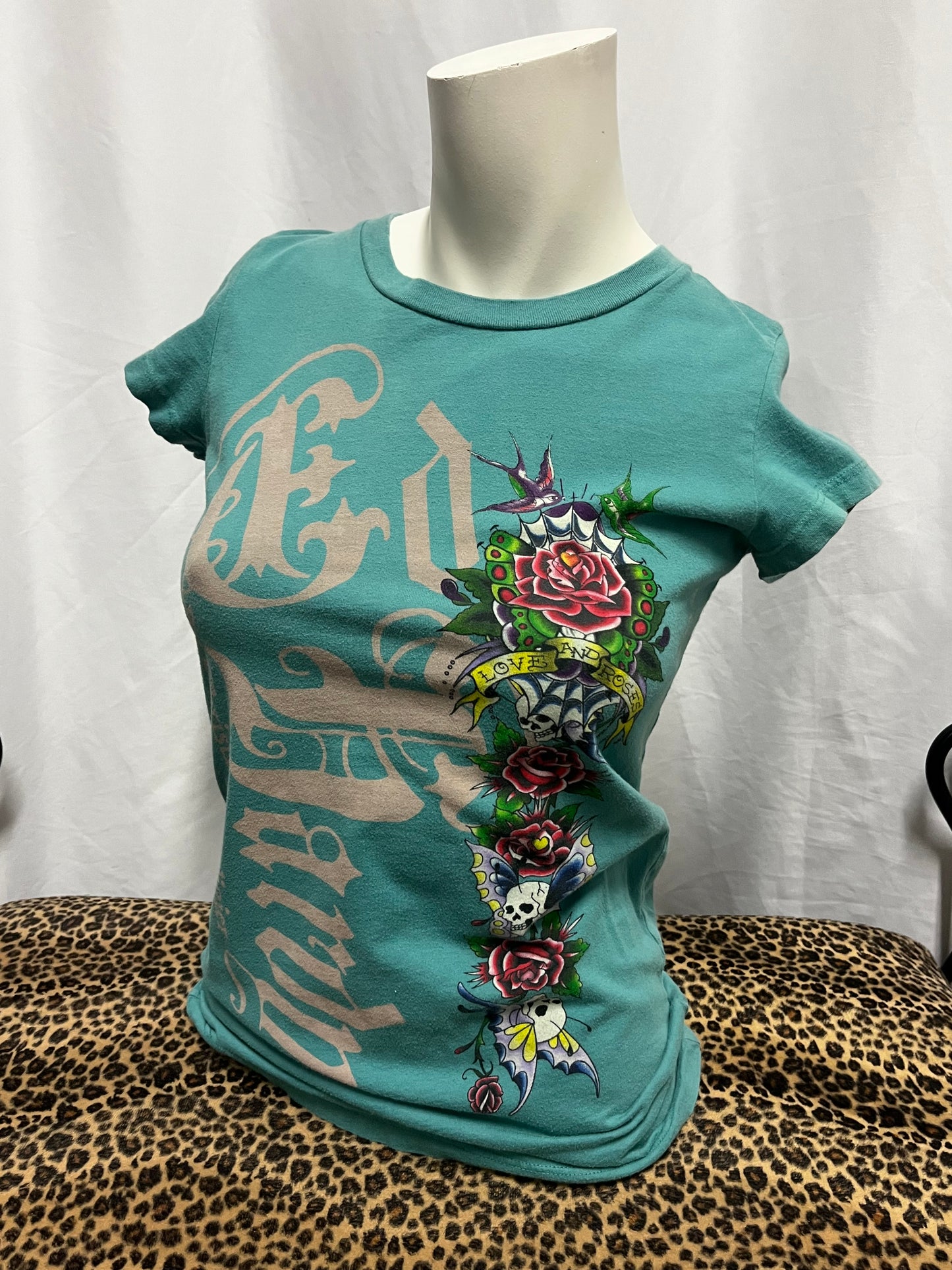 S - Ed Hardy Y2K Teal AOP Graphic Top