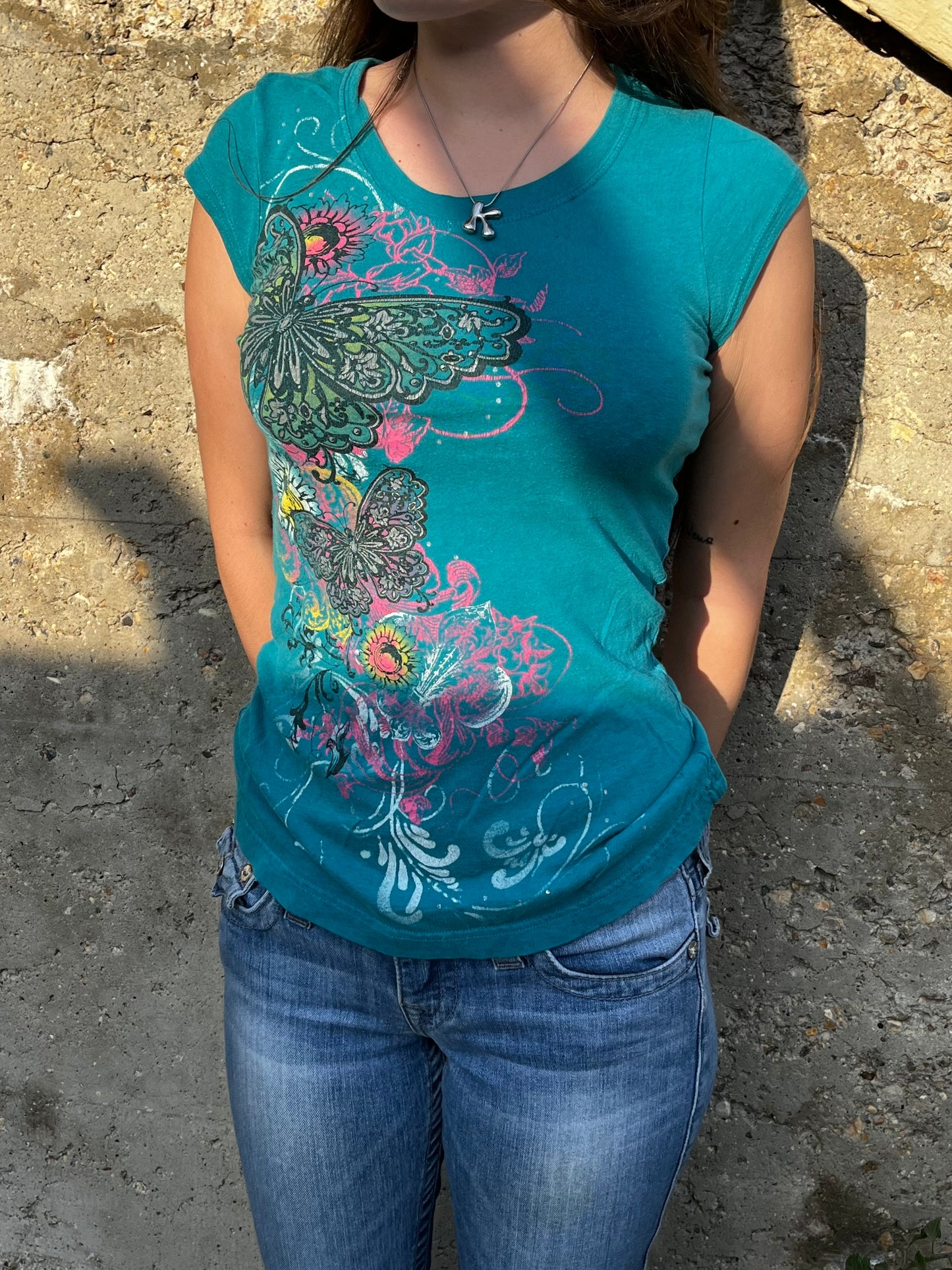 S - Rocker Girl Y2K Butterfly Graphic Top
