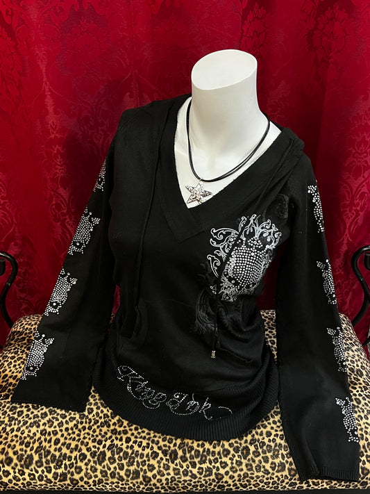 M - 2000s King Ink Rhinestone All-Over Knit Hoodie Top