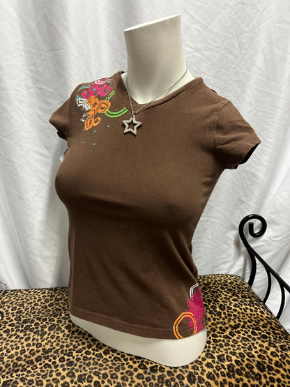 XS - Tag Rider Y2K Brown Graphic Top