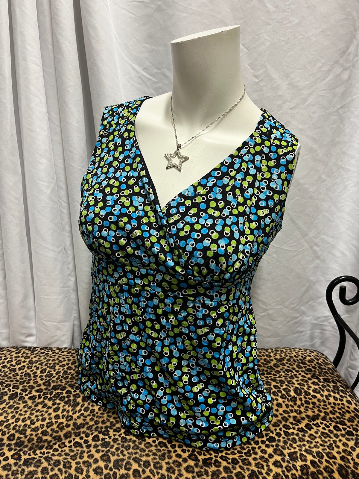 S - Charter Club Y2K Black Green Blue Mesh Overlay Top