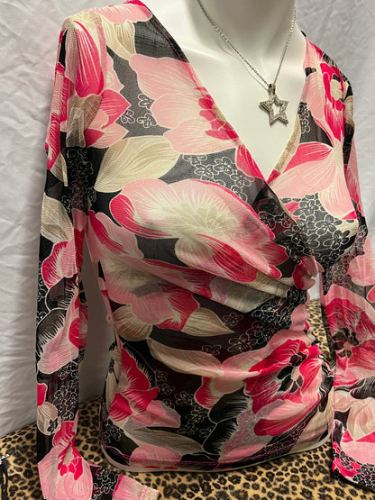 XS - Cache Y2K Pink Floral Sheer Wrap Blouse