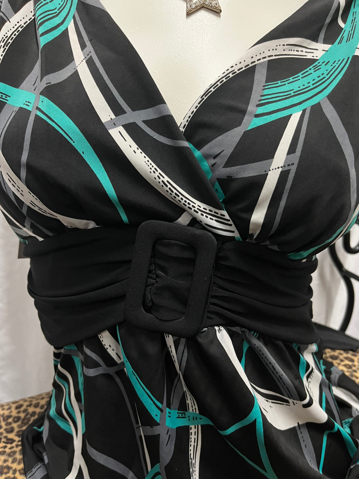 L - Maurice's Y2K Black + Teal Patterned Belt Top