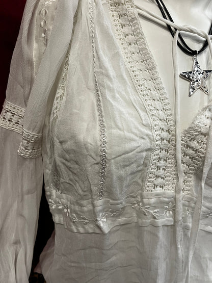 L - D'Annah White Sheer Peasant Blouse