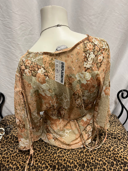 L - Rave Y2K Peach Floral Sheer Tie Blouse