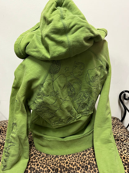 M - Billabong Y2K Green Floral Embroidery Zip Hoodie