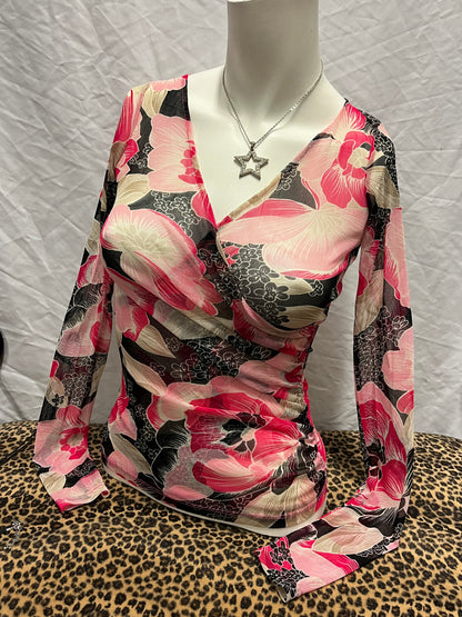XS - Cache Y2K Pink Floral Sheer Wrap Blouse