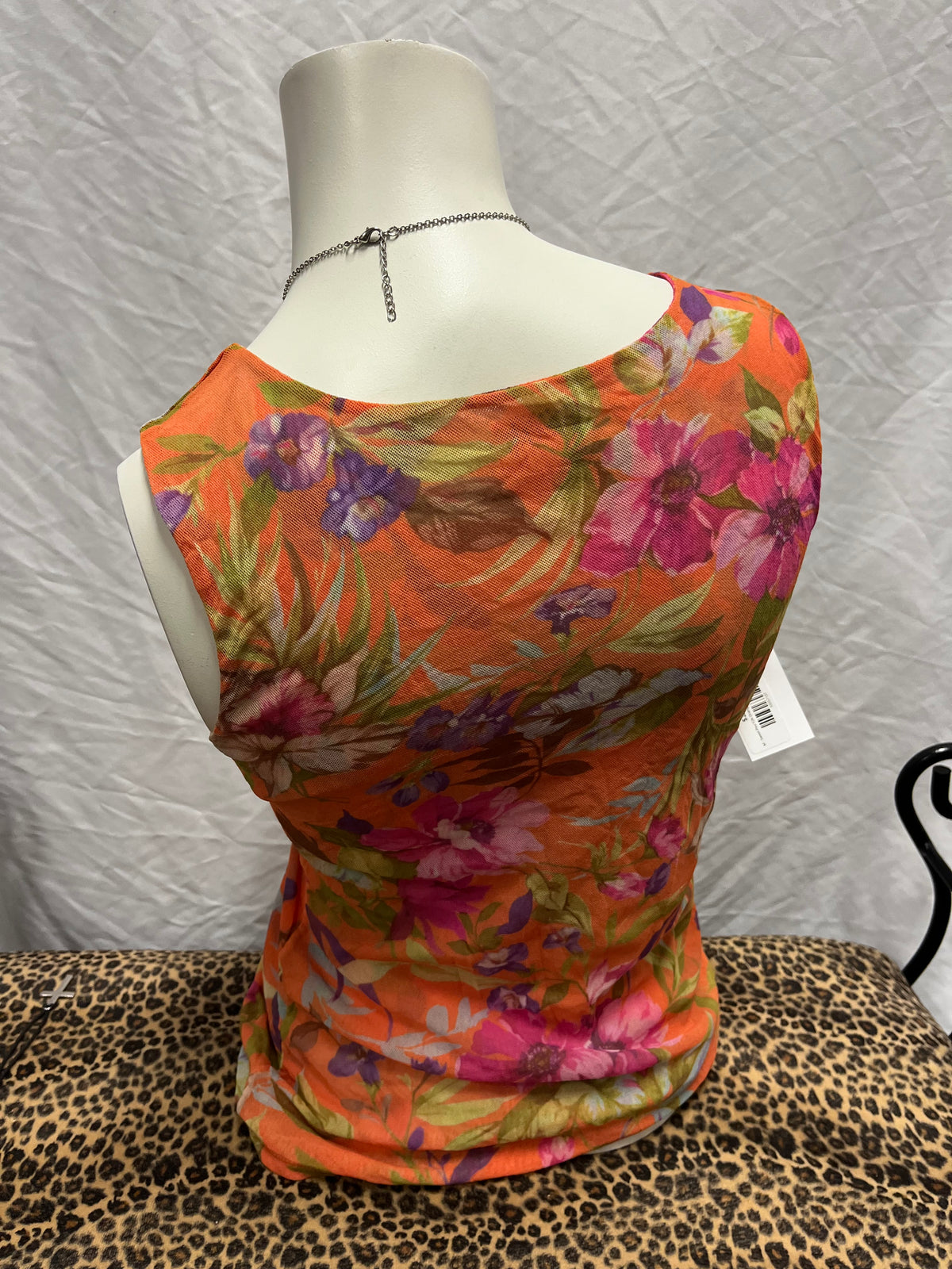 M - Sweet Pea Y2K Orange Floral Mesh Overlay Blouse