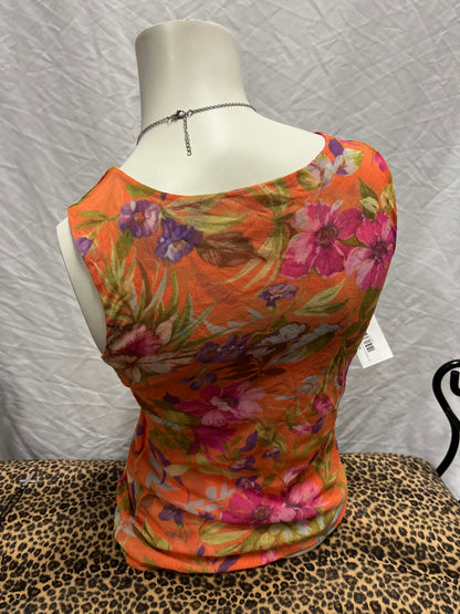 M - Sweet Pea Y2K Orange Floral Mesh Overlay Blouse