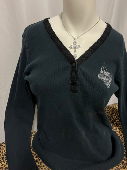 L - Harley Davidson Ribbed Lace Trim Long Sleeve