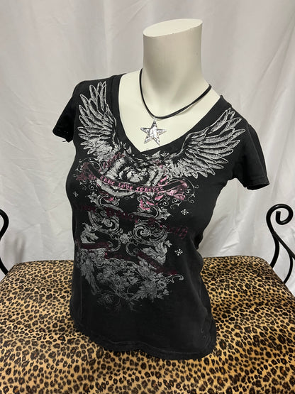 S - Wings Grunge Graphic Y2K V-Neck Top