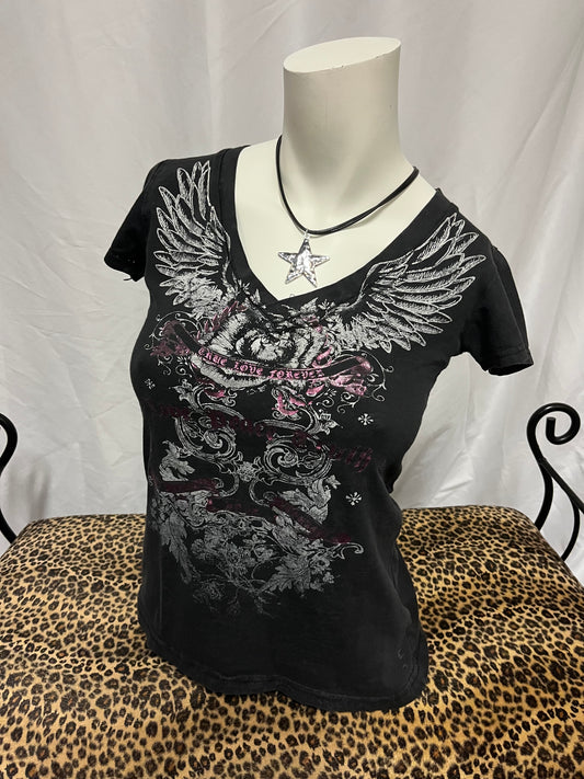 S - Wings Grunge Graphic Y2K V-Neck Top