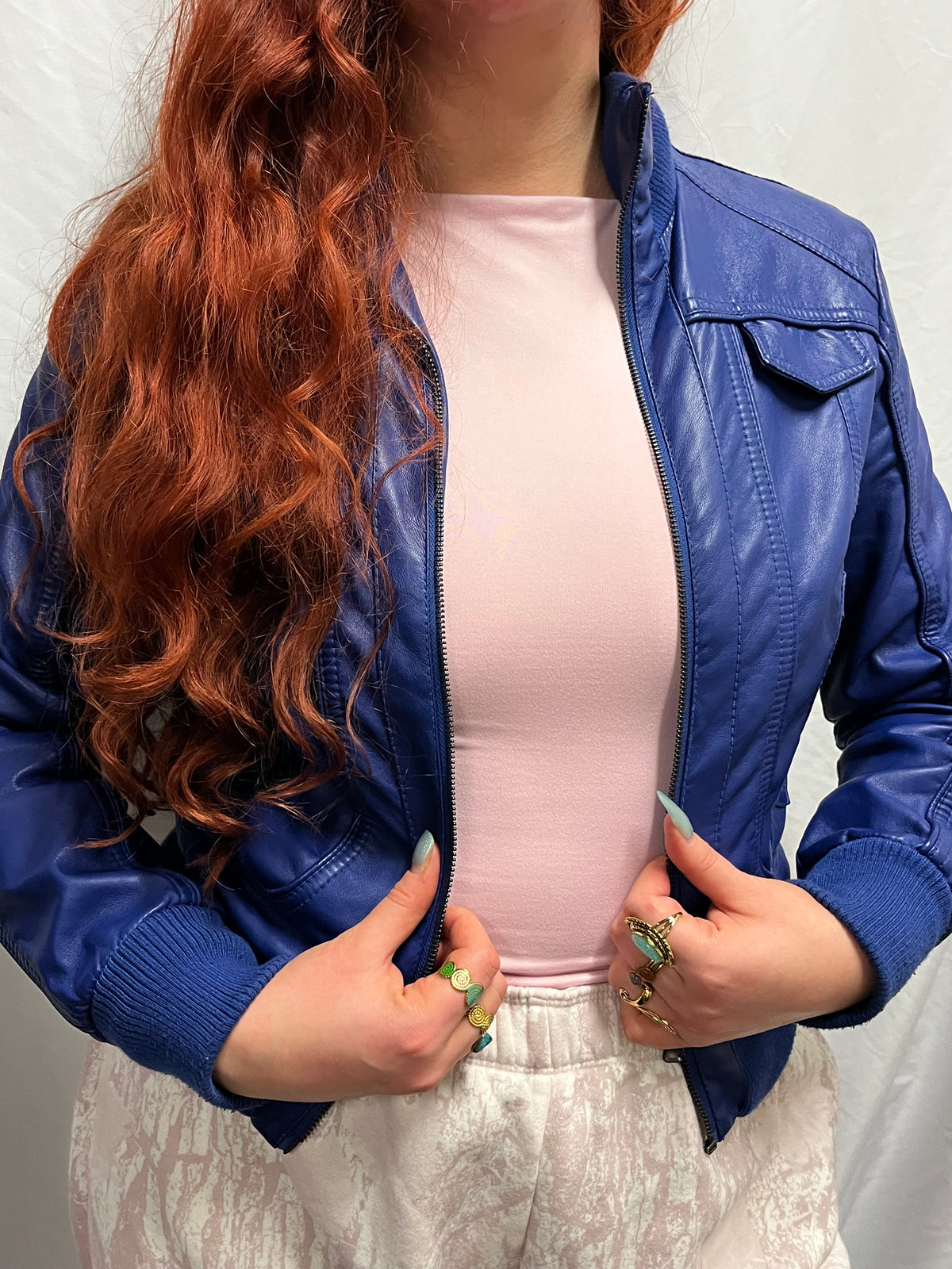 M - Ci Sono Y2K Blue Faux Leather Fitted Zip Jacket
