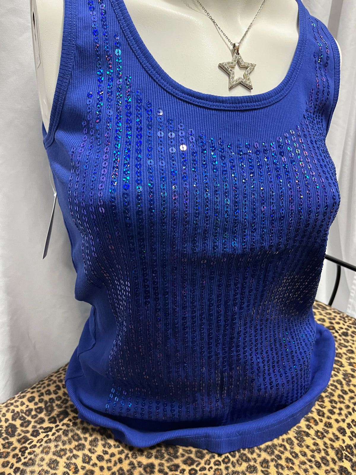 XL - Silent Angels Y2K Blue Sequin Ribbed Tank Top
