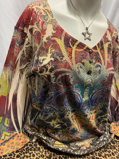 XL - Cato Y2K Rhinestone Graphic Henley Top