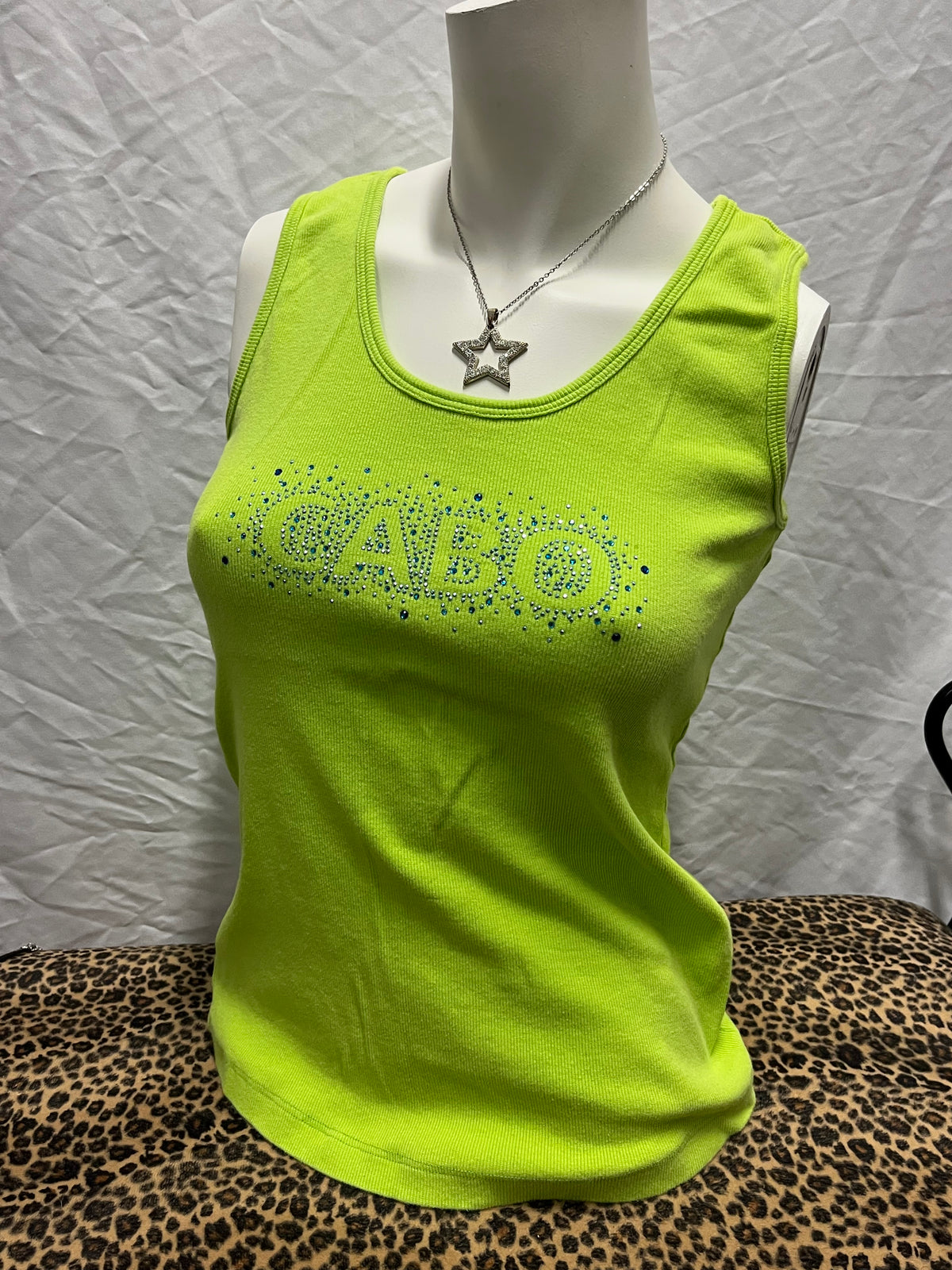 L - Cabo Y2K Green Rhinestone Graphic Tank Top