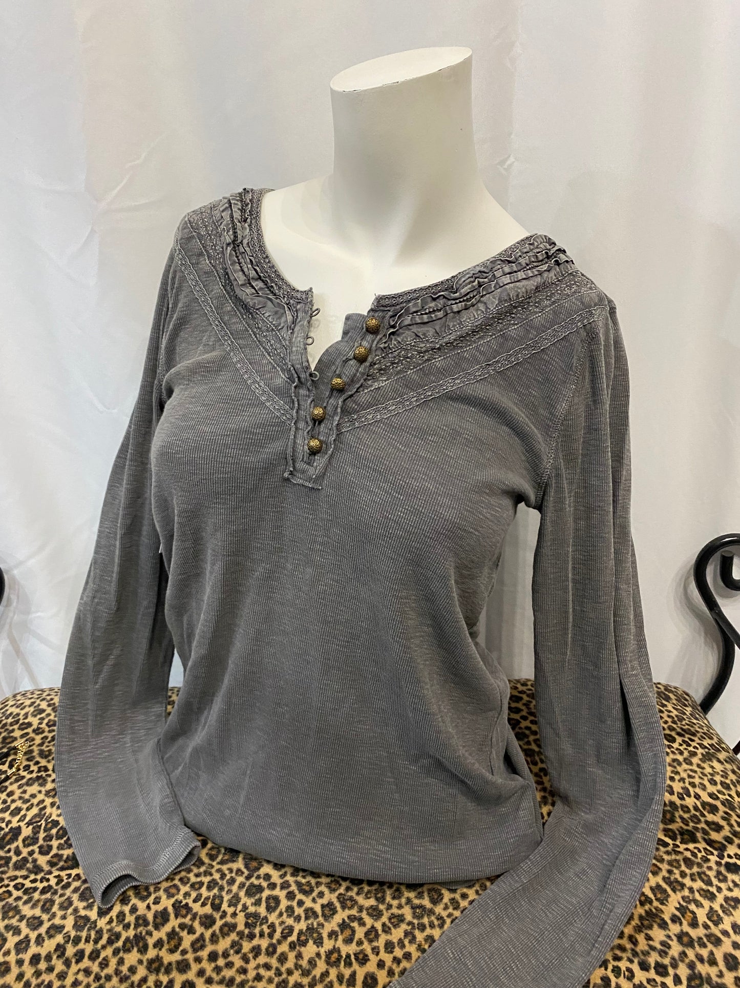 M - Lucky Brand 1/4 Button Lace Detail Blouse
