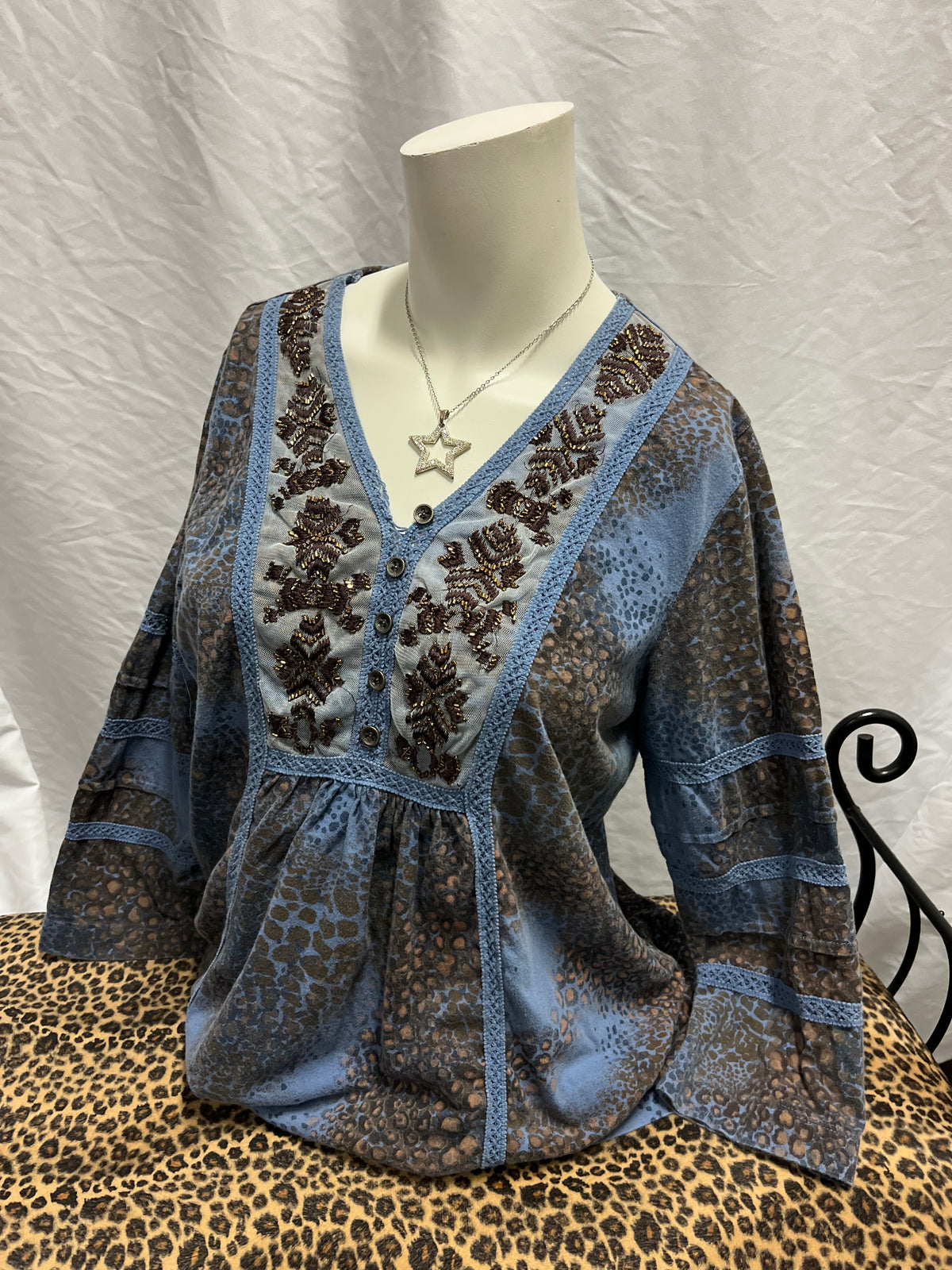M - Kerrybrooke Blue + Brown Fairy Blouse
