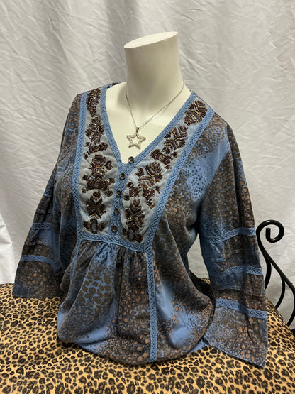 M - Kerrybrooke Blue + Brown Fairy Blouse