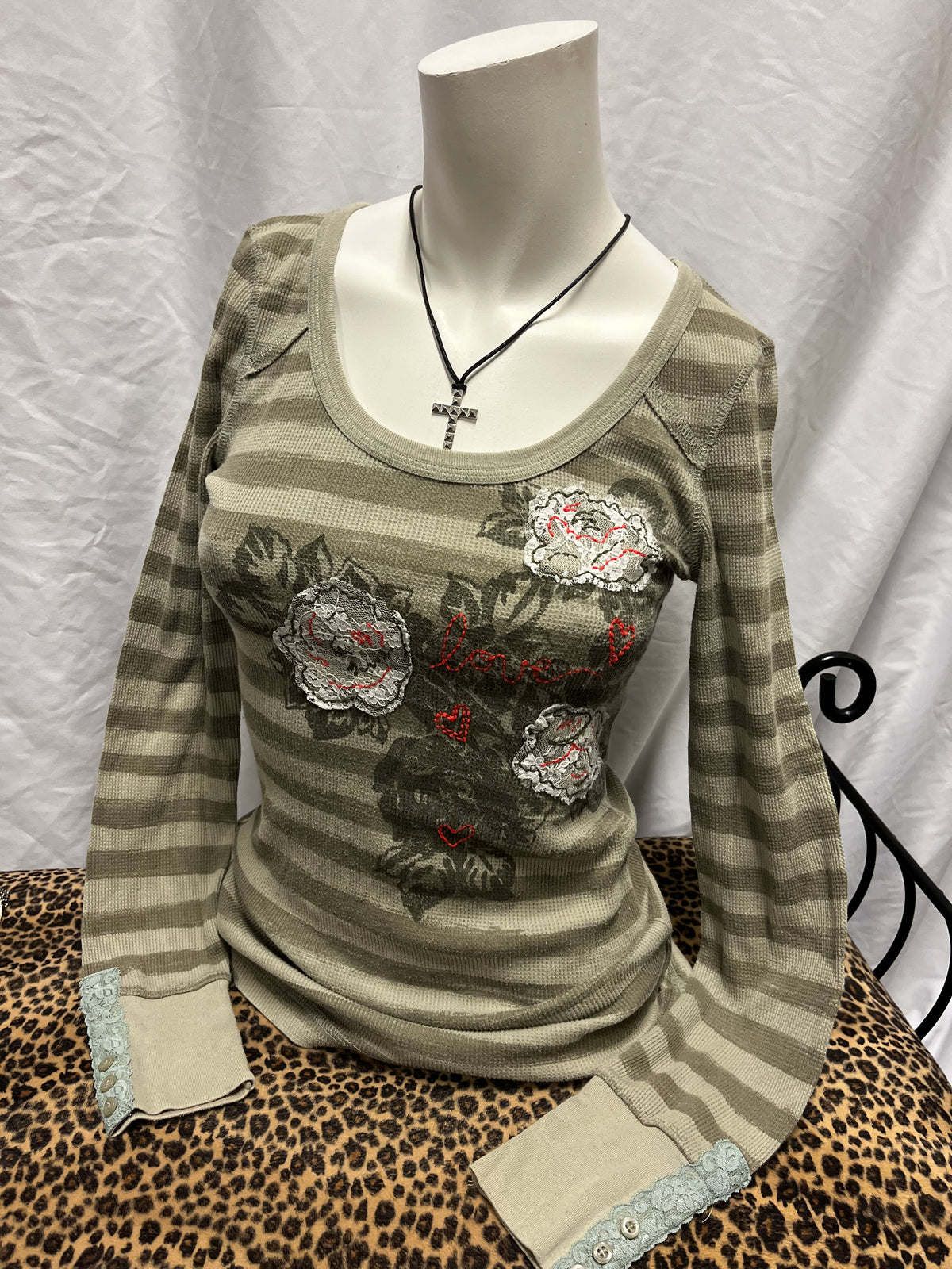 M - Decree Y2K Stripe + Flower Thermal Long Sleeve Top