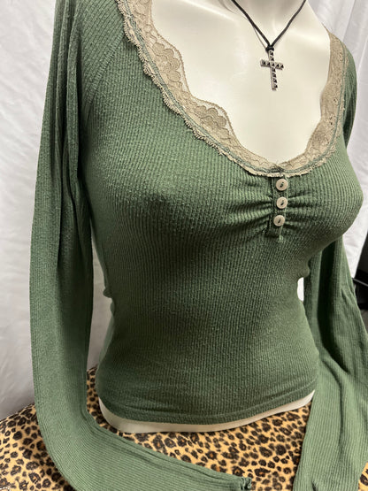 S - Out From Under Green Lace Trim Henley Top