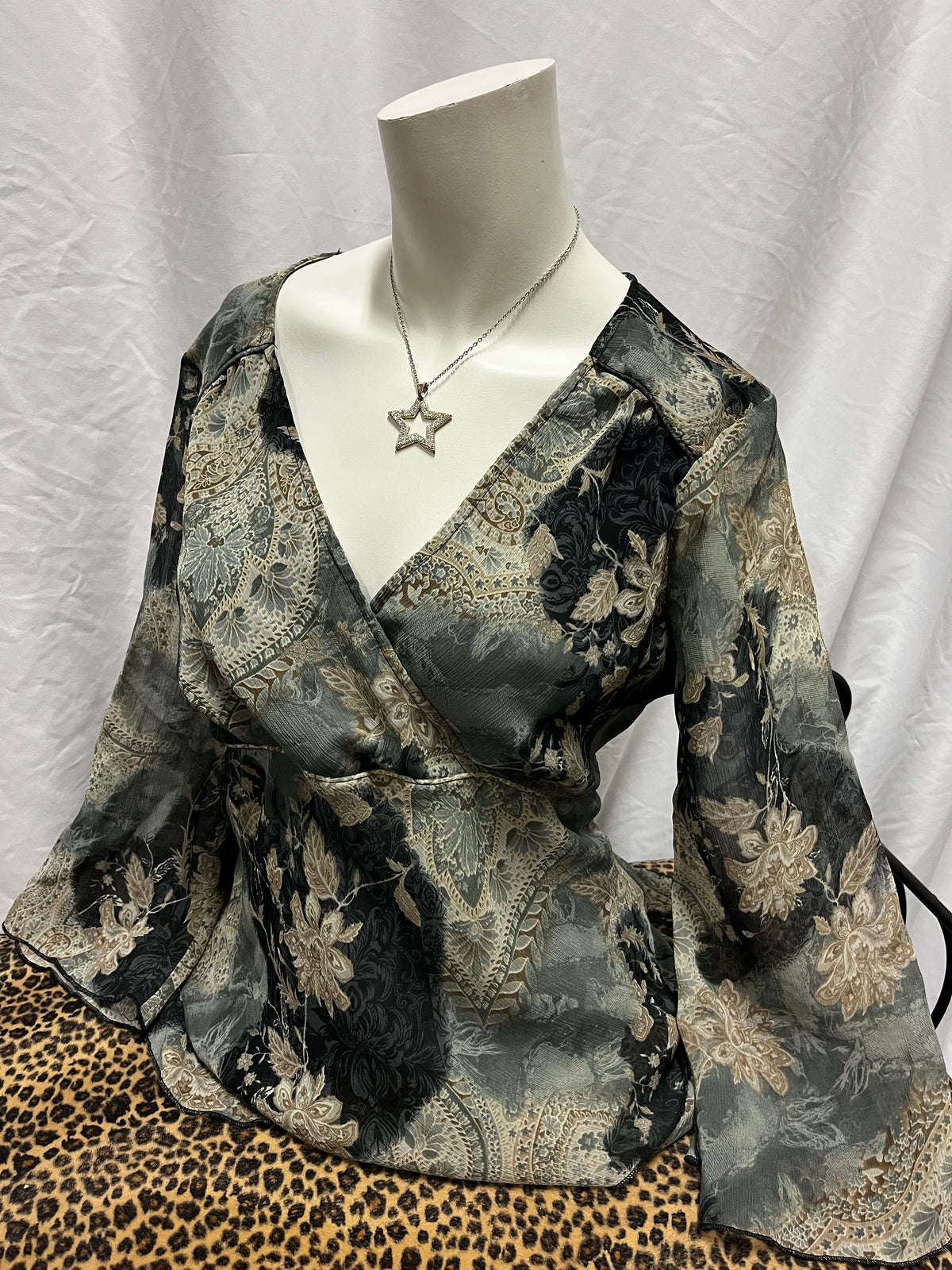 L - Sere Nade Y2K Mesh Overlay Bell Sleeve Tie Top