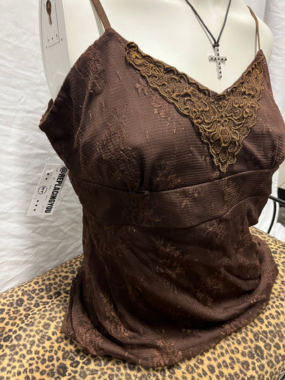 L - Xhilaration Y2K Brown Lace Cami Top