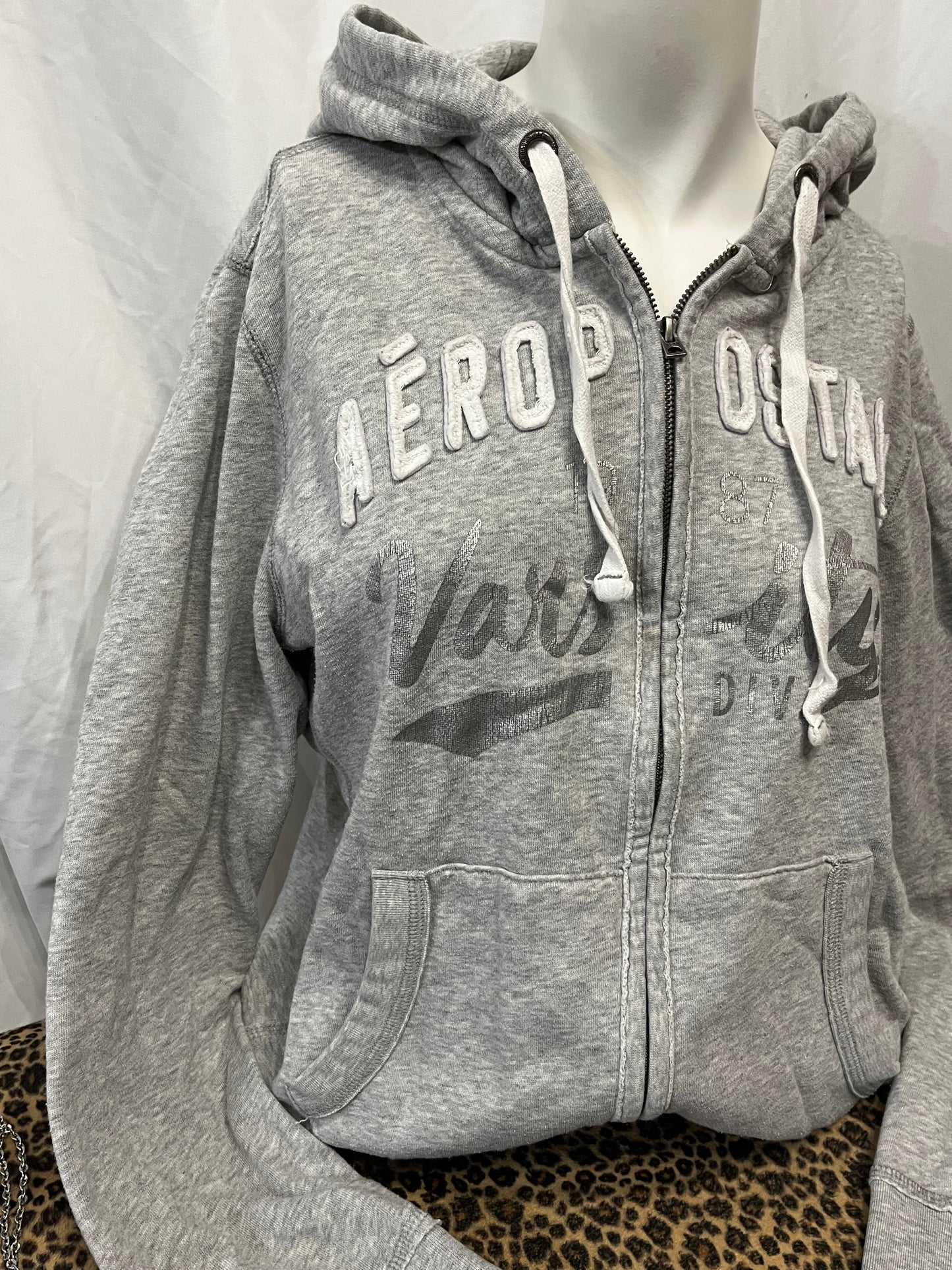 L/XL - Aeropostale Applique Grey + White Zip Hoodie