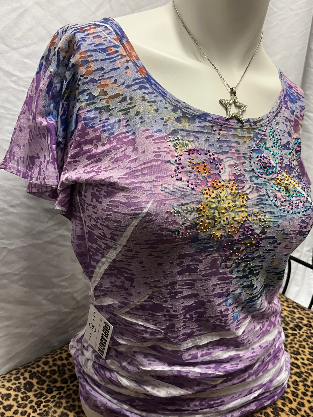 S - Daytrip Y2K Rhinestone Ruching Graphic Top