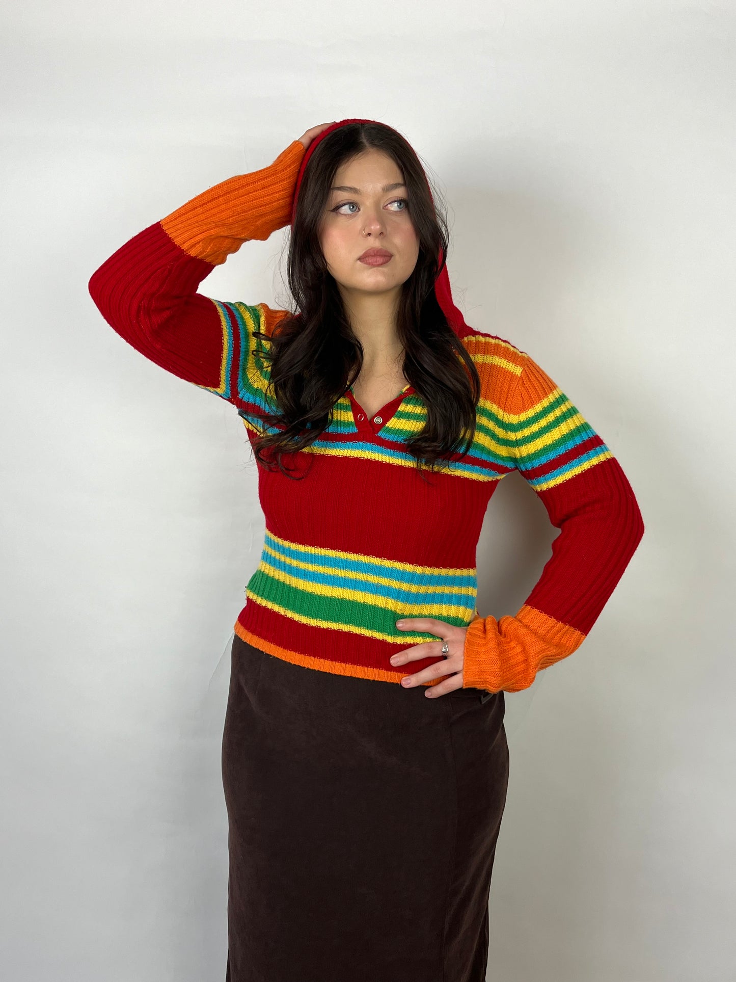 Y2K Rainbow Knit Hooded Sweater