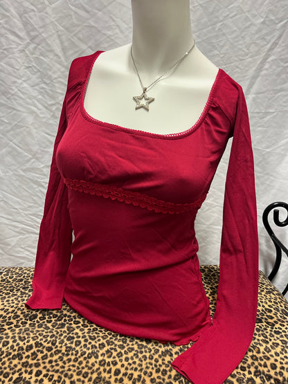 XS - Red Mesh Overlay + Lace Long Sleeve Top