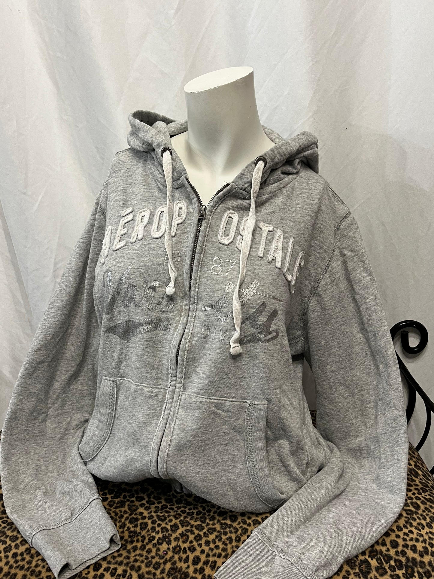 L/XL - Aeropostale Applique Grey + White Zip Hoodie