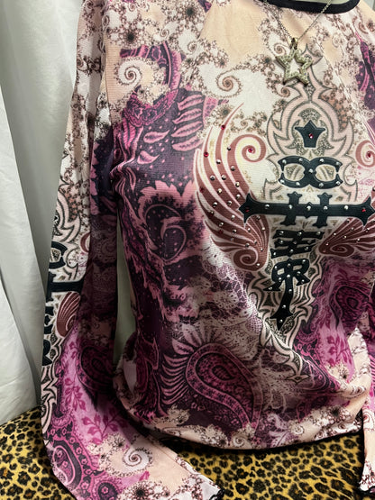 XL - Giant Y2K Purple Mesh Tattoo Graphic Top