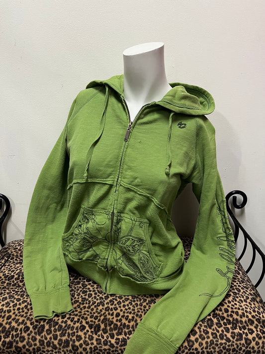 M - Billabong Y2K Green Floral Embroidery Zip Hoodie