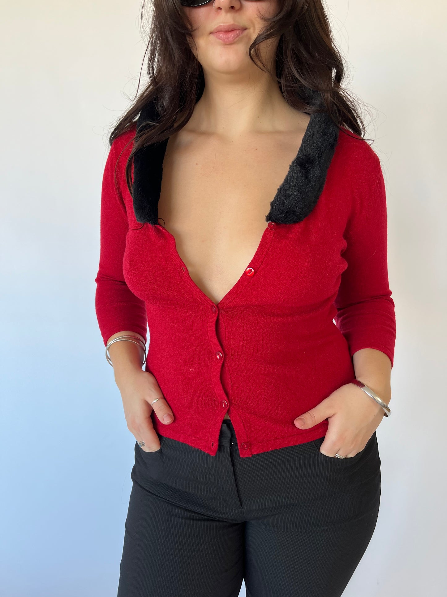 Ricki's Vintage Red Fur Trim Cardigan