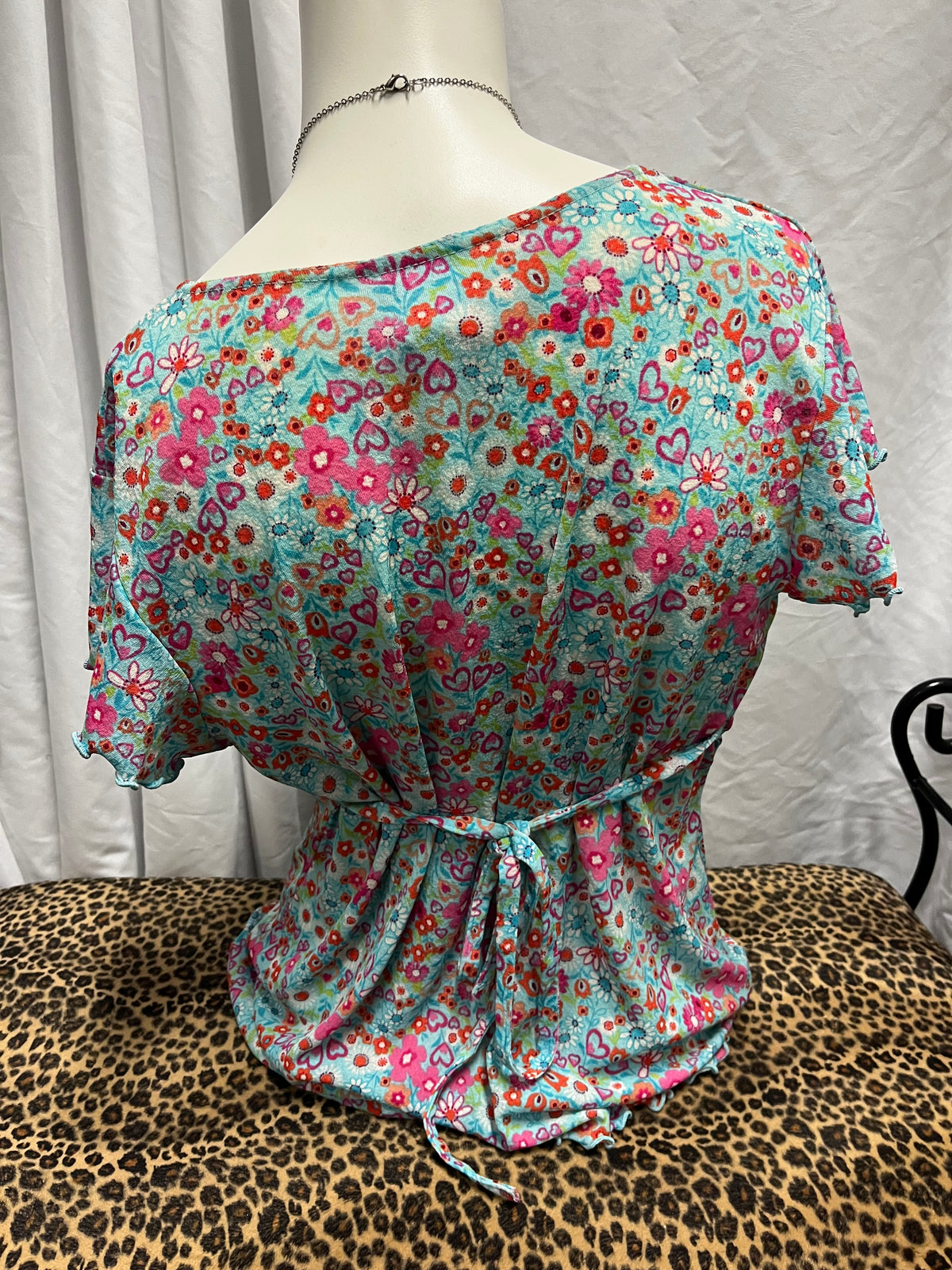 L - 90s Blue Floral Tie-Back Blouse