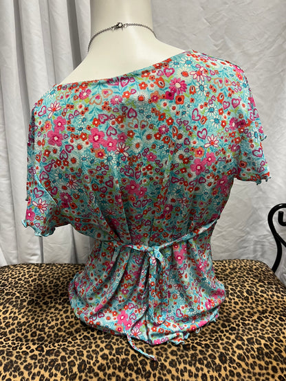 L - 90s Blue Floral Tie-Back Blouse