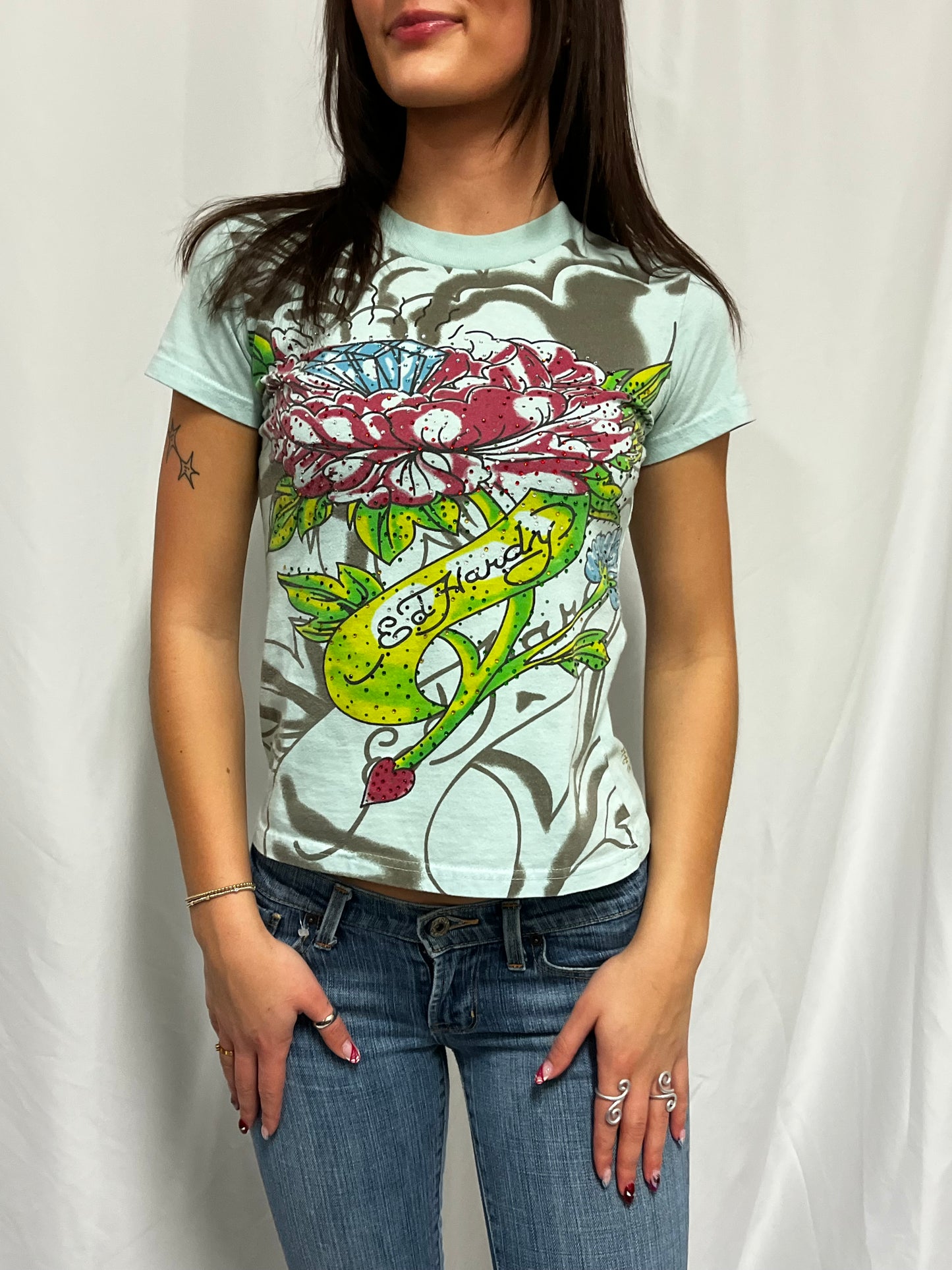 S - Ed Hardy Y2K Rhinestone Tattoo AOP Graphic Top