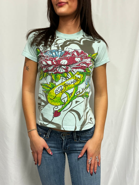 S - Ed Hardy Y2K Rhinestone Tattoo AOP Graphic Top