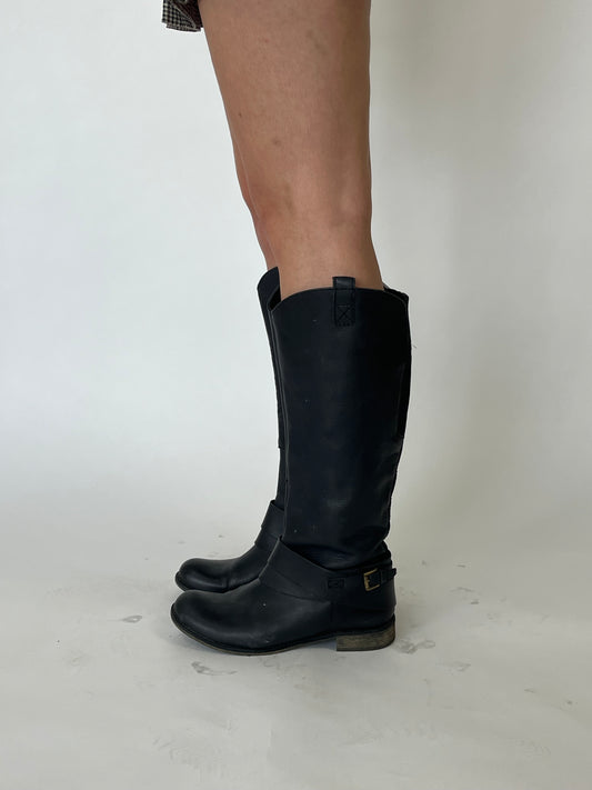 Leather Riding Boots - Black with Buckle