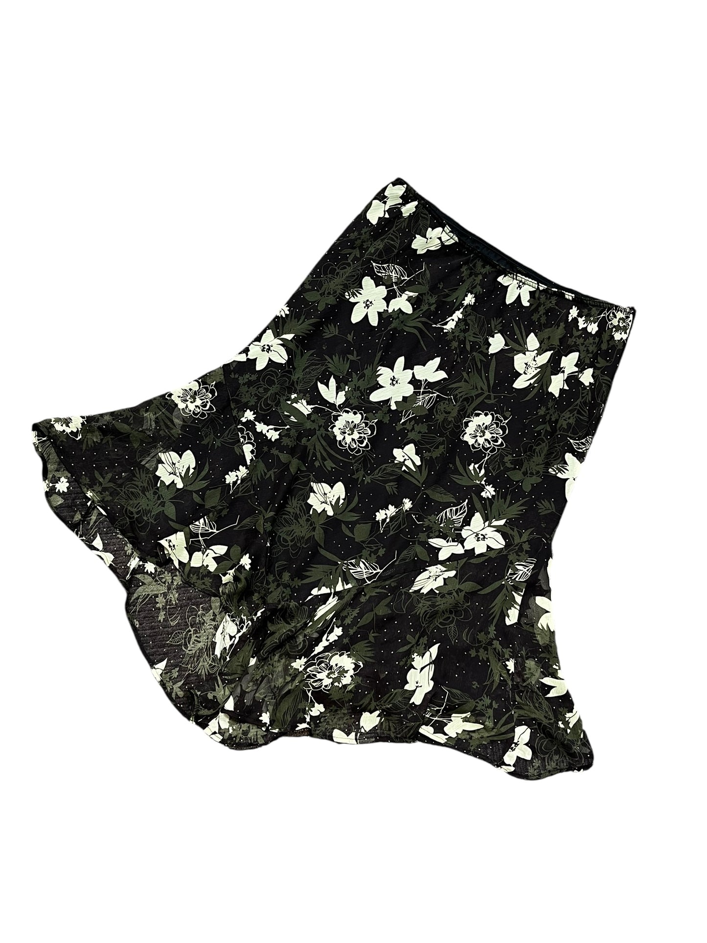 SZ 18 - Tradition 2000s Green Floral Mesh Overlay Midi Skirt