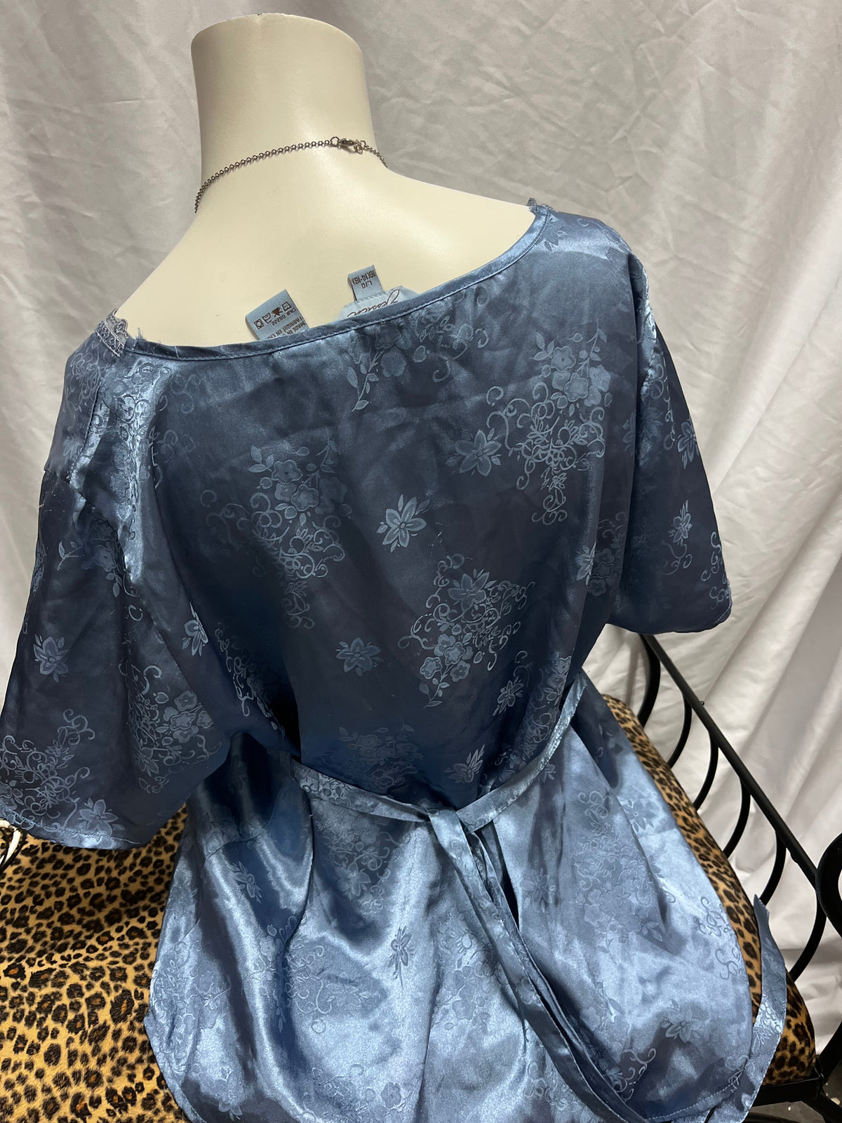 L - Jessica Blue Floral Satin Tie Blouse