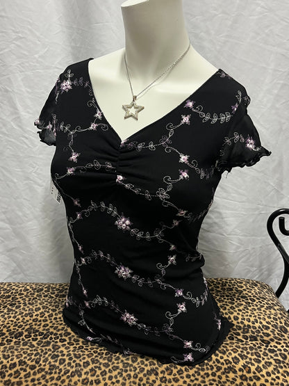 M - Wrapper Y2K Purple Floral Mesh Overlay Top