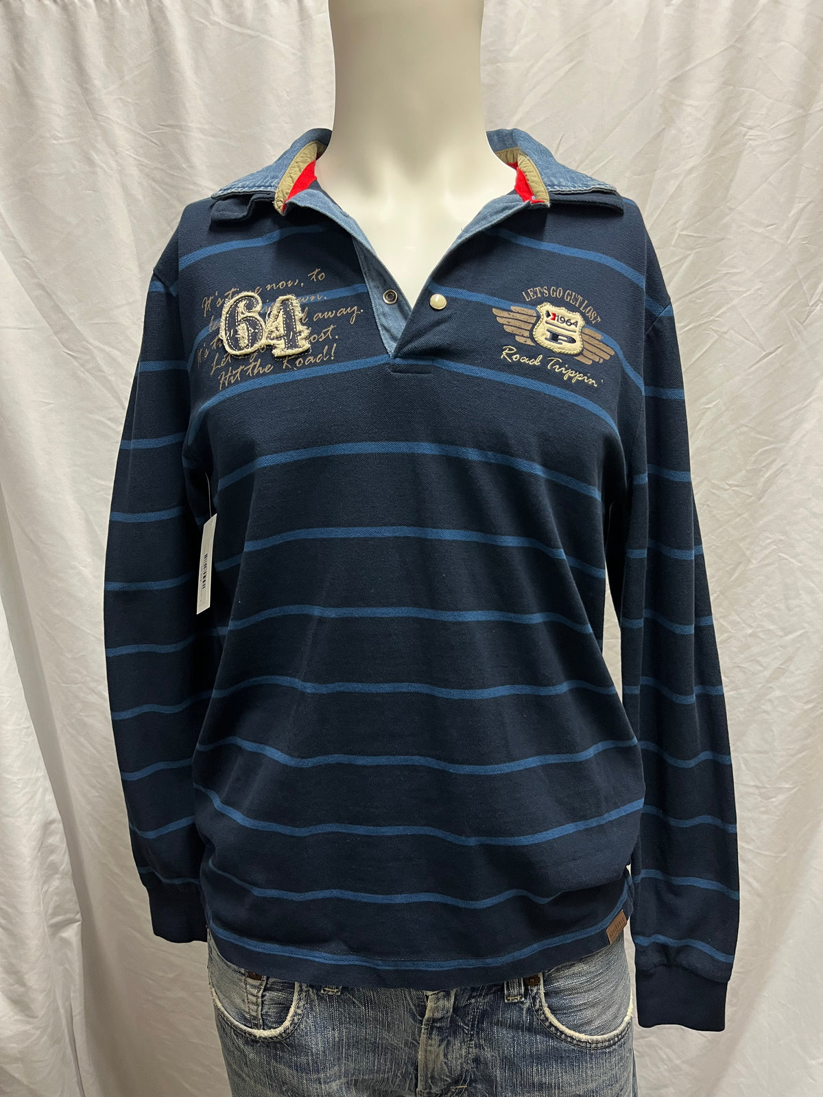 M - Y2K Blue Striped Patches Polo Long Sleeve Tee
