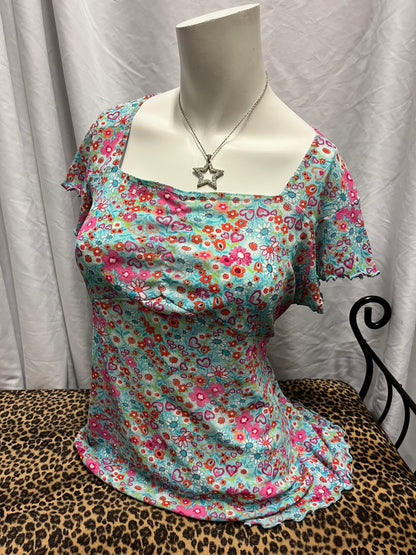 L - 90s Blue Floral Tie-Back Blouse