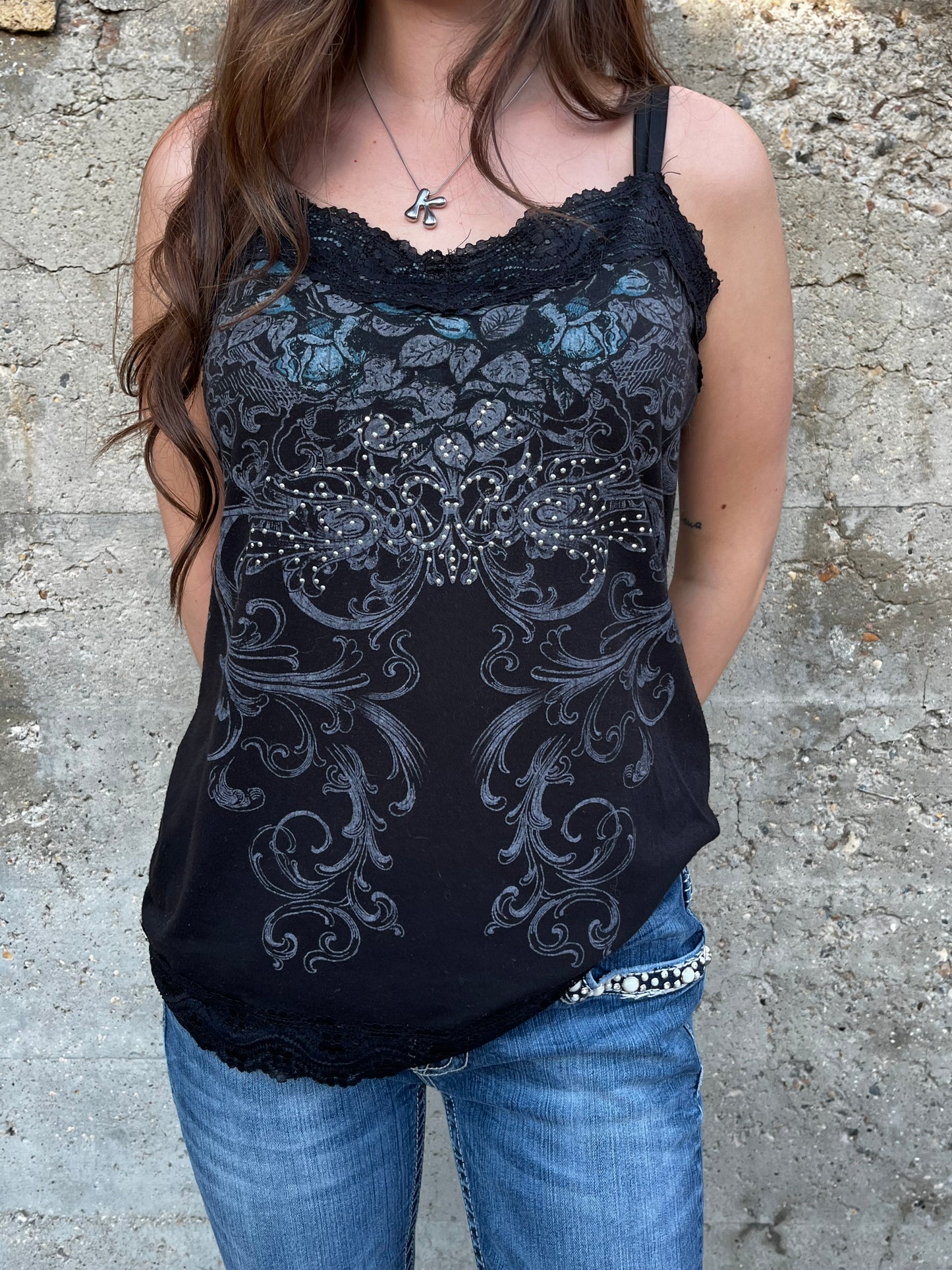 L - Maurice Rhinestone Lace Trim Graphic Cami Top