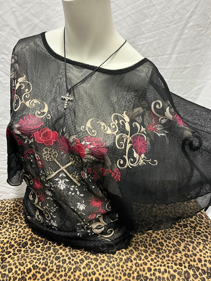 M - Suzy Shier Floral Mesh Blouse