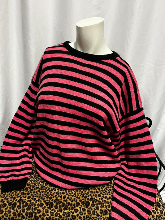 L - Islemode 90s Pink + Black Striped Knit Sweater