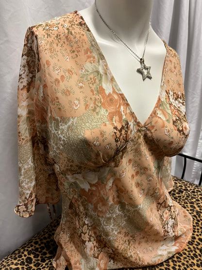 L - Rave Y2K Peach Floral Sheer Tie Blouse